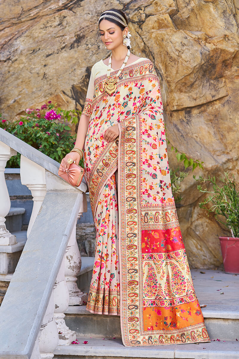 Mesmerising Beige Pashmina saree With Pleasurable Blouse Piece