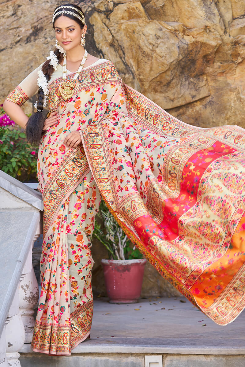 Mesmerising Beige Pashmina saree With Pleasurable Blouse Piece