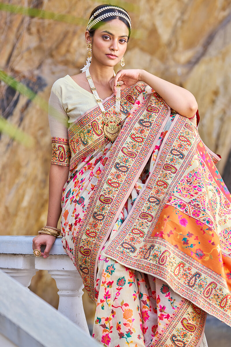 Mesmerising Beige Pashmina saree With Pleasurable Blouse Piece