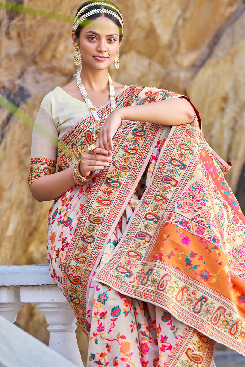 Mesmerising Beige Pashmina saree With Pleasurable Blouse Piece