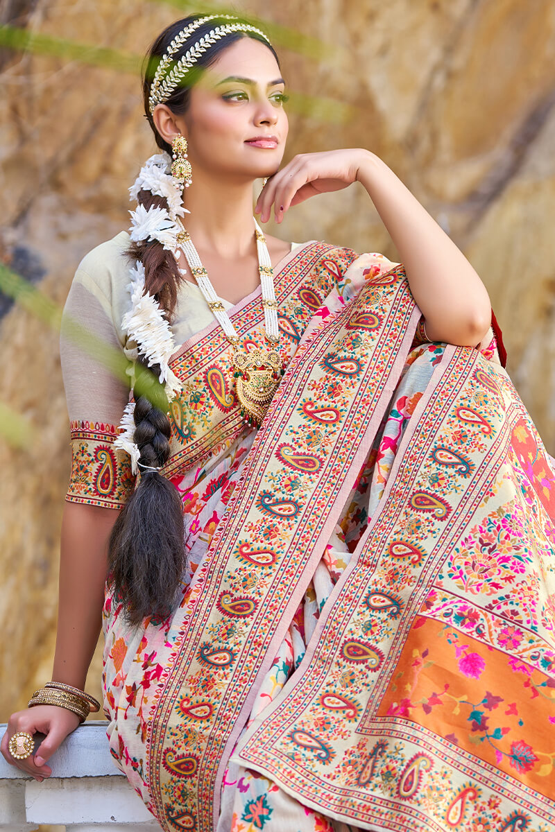 Mesmerising Beige Pashmina saree With Pleasurable Blouse Piece