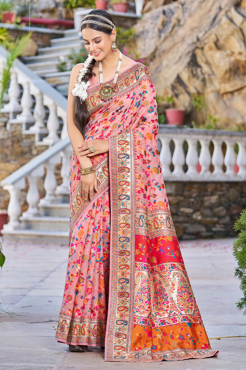 Invaluable Pink Pashmina saree With Palimpsest Blouse Piece