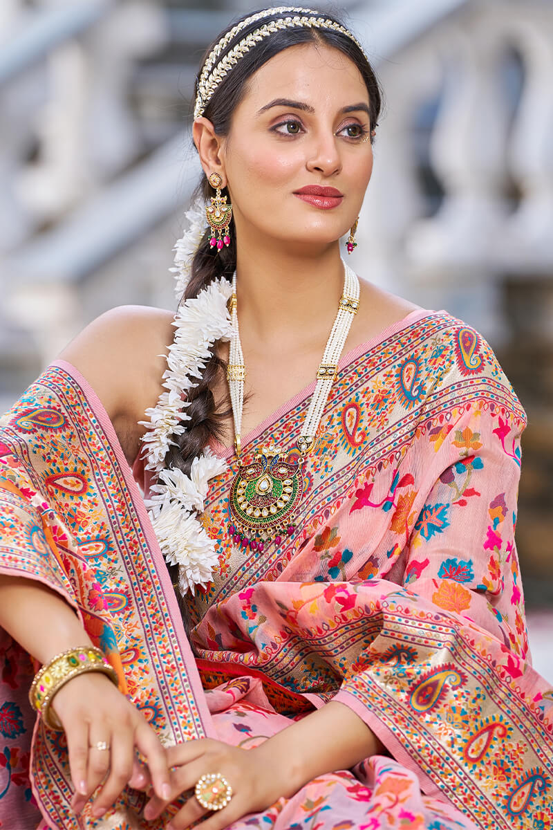 Invaluable Pink Pashmina saree With Palimpsest Blouse Piece