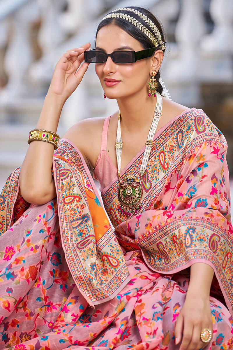 Invaluable Pink Pashmina saree With Palimpsest Blouse Piece