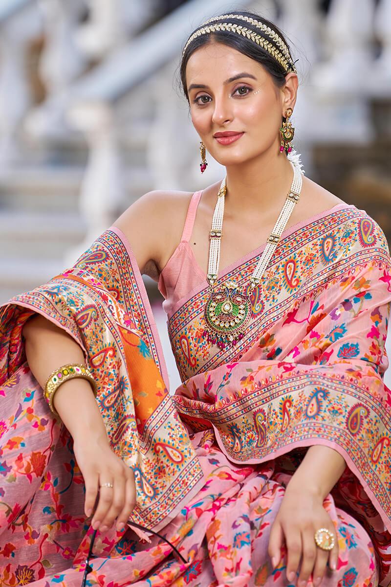Invaluable Pink Pashmina saree With Palimpsest Blouse Piece