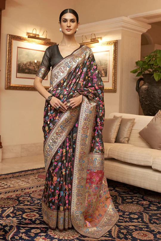 Elaborate Black Pashmina saree With Transcendent Blouse Piece