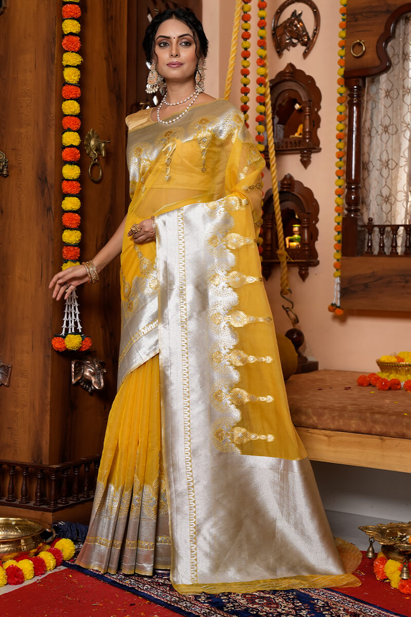 Murmurous Mustard Organza Silk Saree With Scintilla Blouse Piece