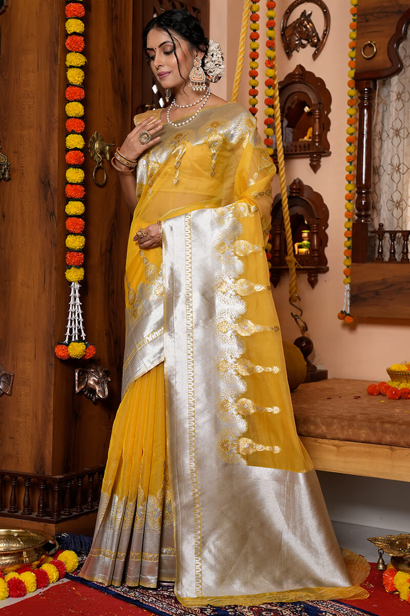Murmurous Mustard Organza Silk Saree With Scintilla Blouse Piece