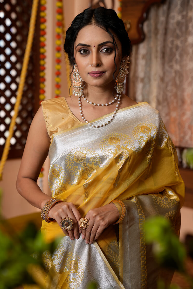 Murmurous Mustard Organza Silk Saree With Scintilla Blouse Piece