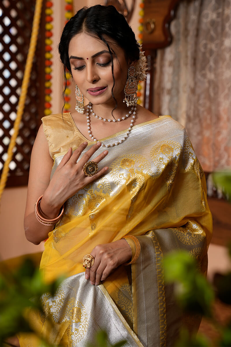 Murmurous Mustard Organza Silk Saree With Scintilla Blouse Piece