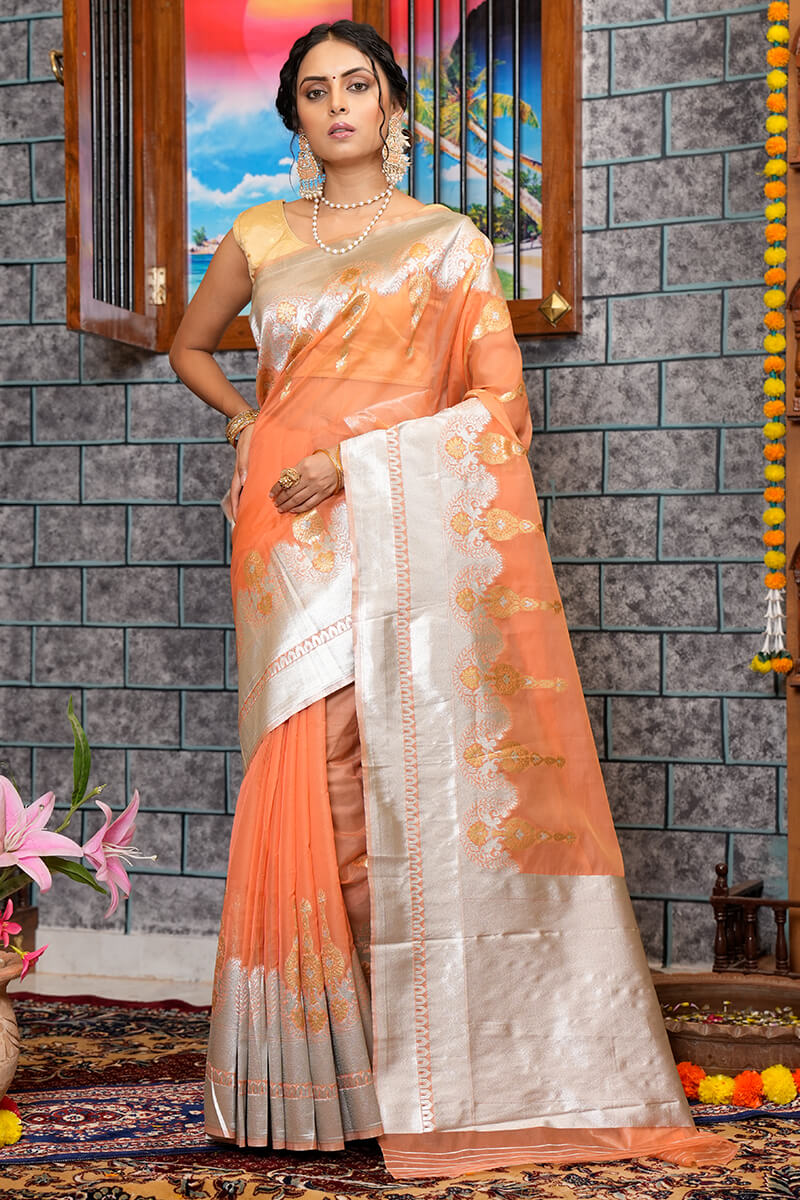 Quintessential Orange Organza Silk Saree With Smashing Blouse Piece