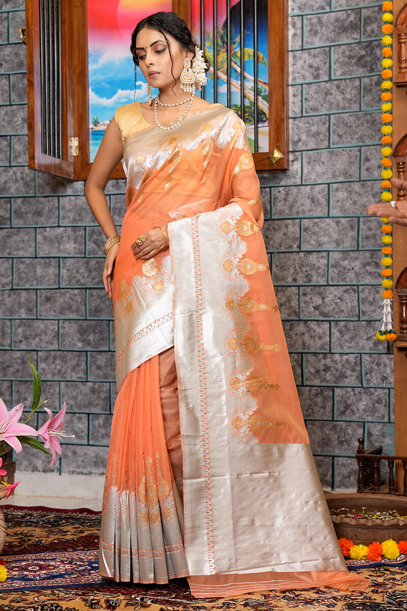 Quintessential Orange Organza Silk Saree With Smashing Blouse Piece