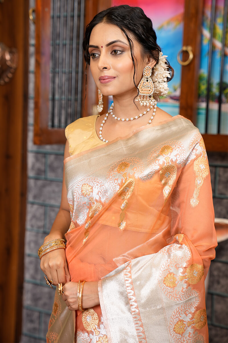 Quintessential Orange Organza Silk Saree With Smashing Blouse Piece