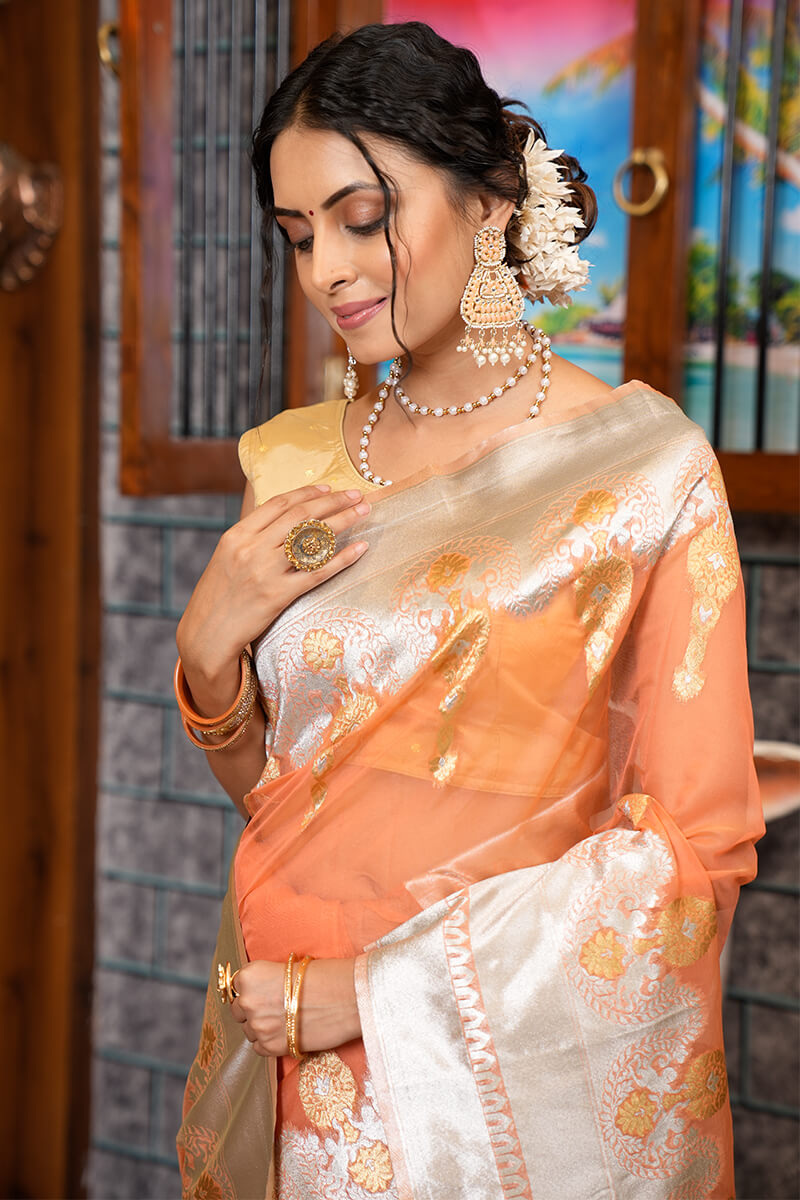 Quintessential Orange Organza Silk Saree With Smashing Blouse Piece