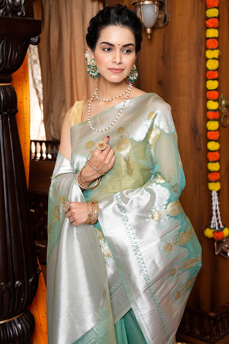 Vestigial Sea Green Organza Silk Saree With Woebegone Blouse Piece