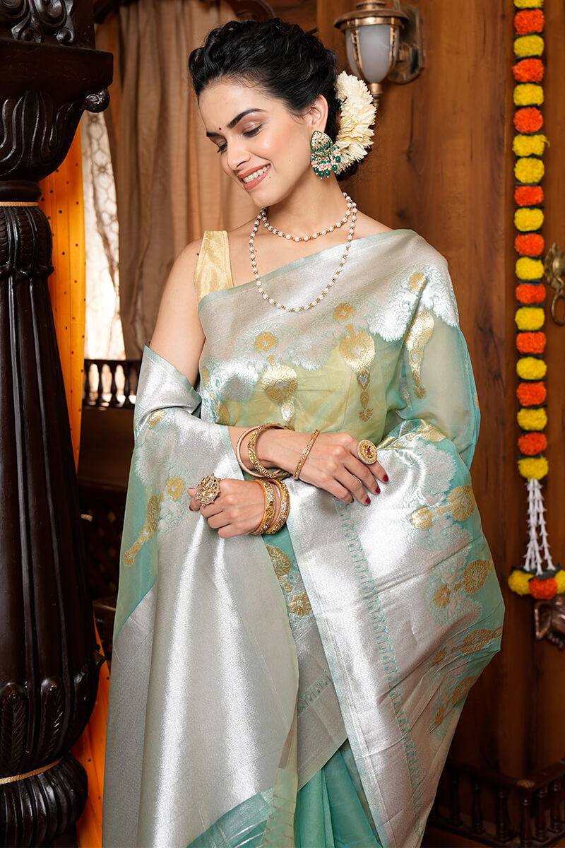 Vestigial Sea Green Organza Silk Saree With Woebegone Blouse Piece