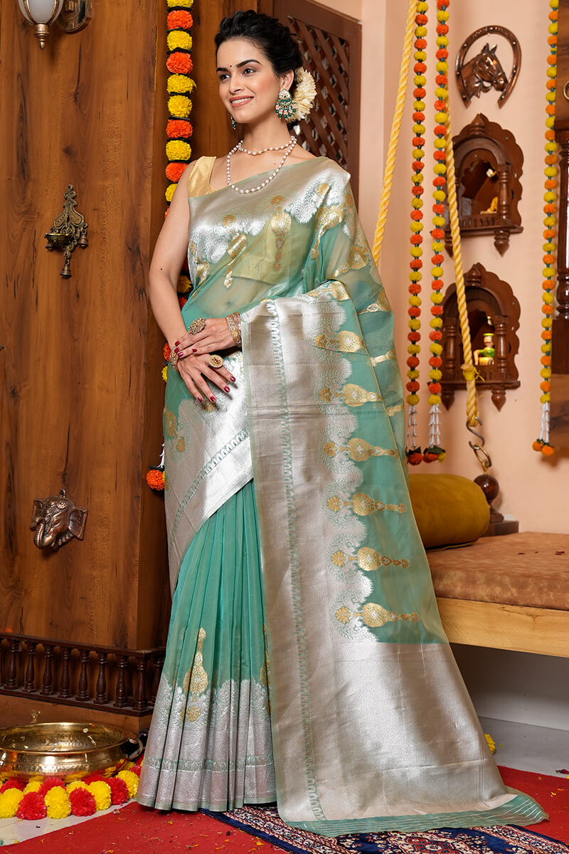 Vestigial Sea Green Organza Silk Saree With Woebegone Blouse Piece
