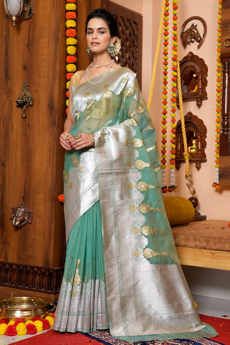 Vestigial Sea Green Organza Silk Saree With Woebegone Blouse Piece