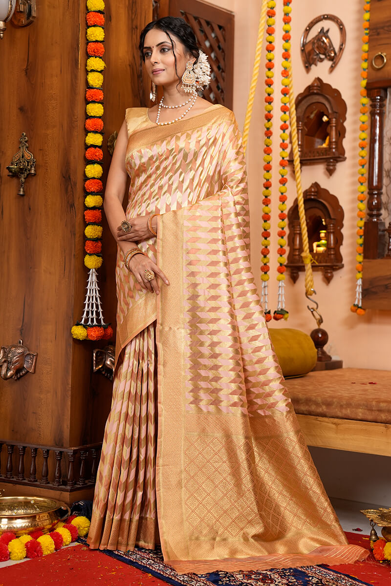 Delectable Beige Organza Silk Saree With Incredible Blouse Piece