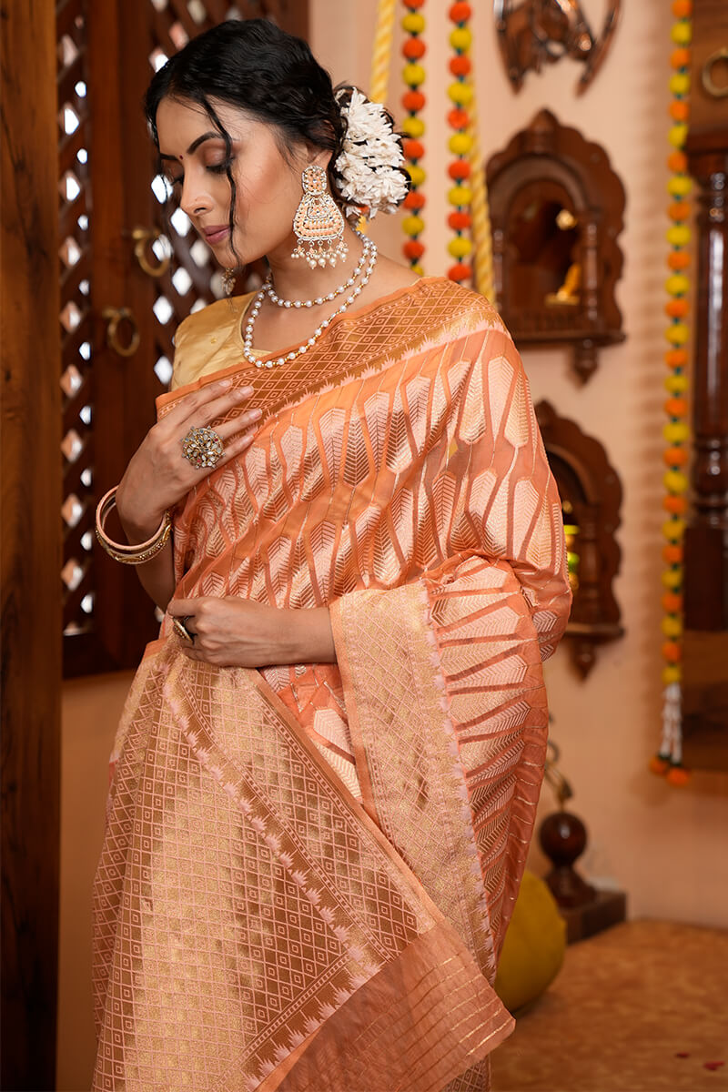 Smashing Peach Organza Silk Saree With Incredible Blouse Piece