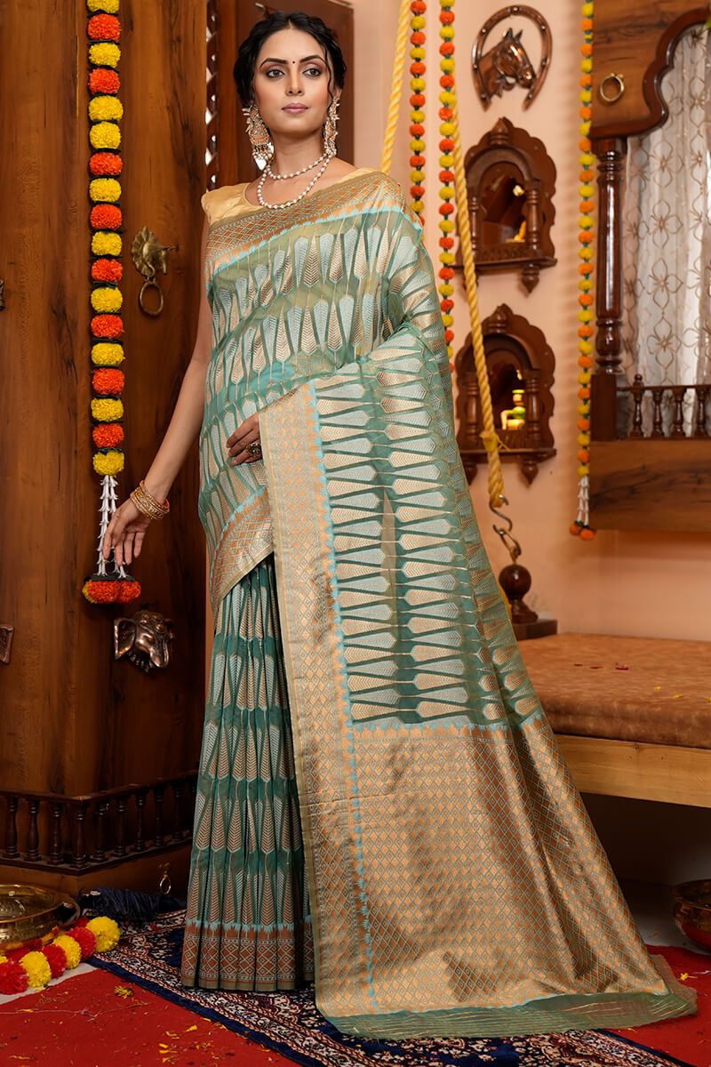 Scrumptious Rama Organza Silk Saree With Fragrant Blouse Piece