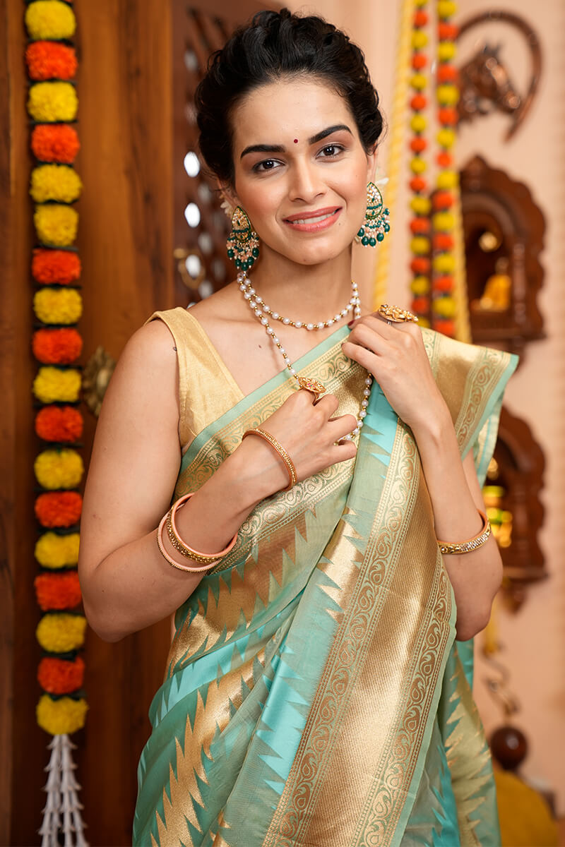 Splendorous Firozi Organza Silk Saree With Magnificat Blouse Piece