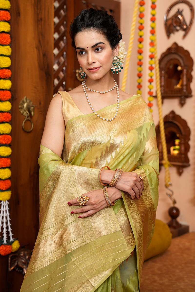 Profuse Green Organza Silk Saree With Felicitous Blouse Piece