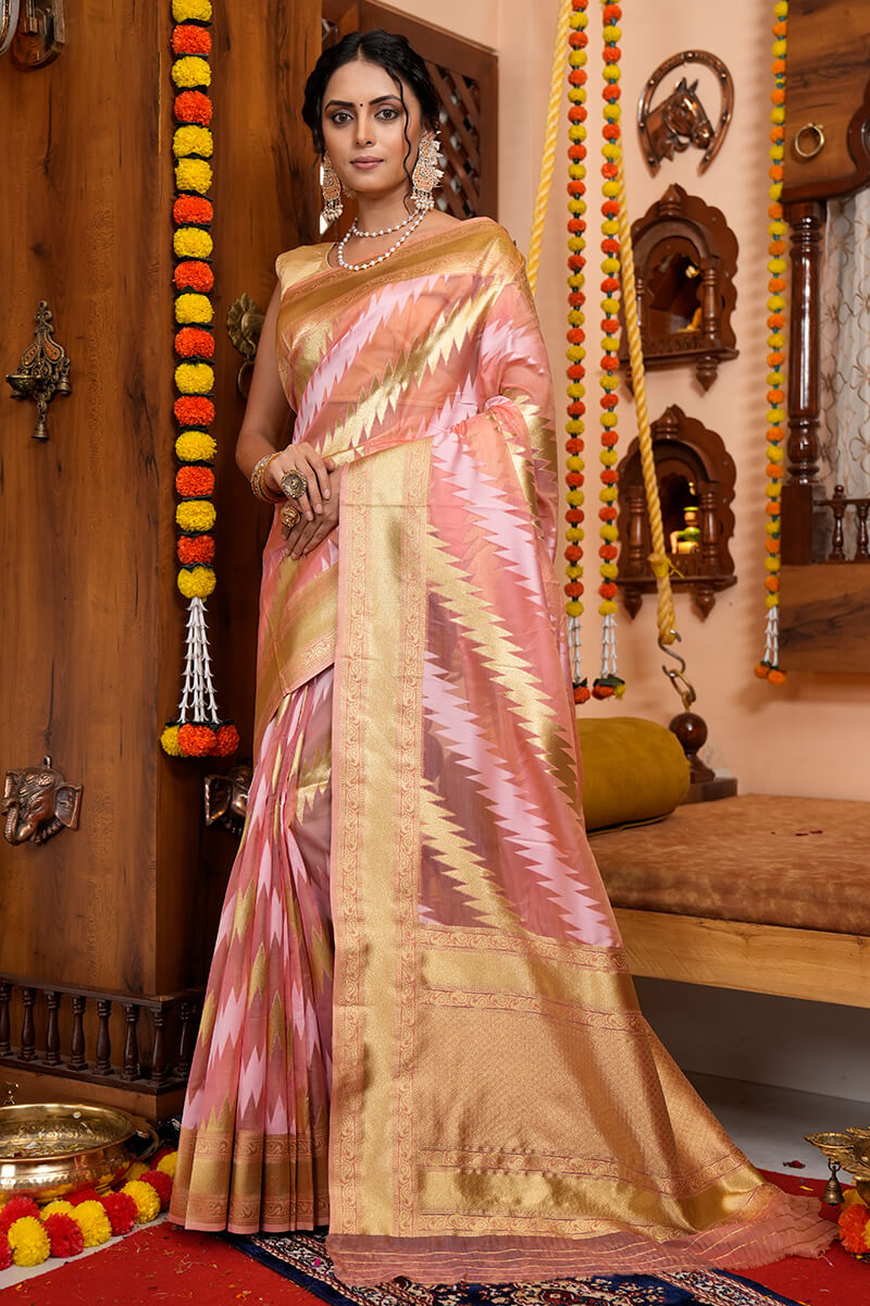 Supernal Pink Organza Silk Saree With Smashing Blouse Piece