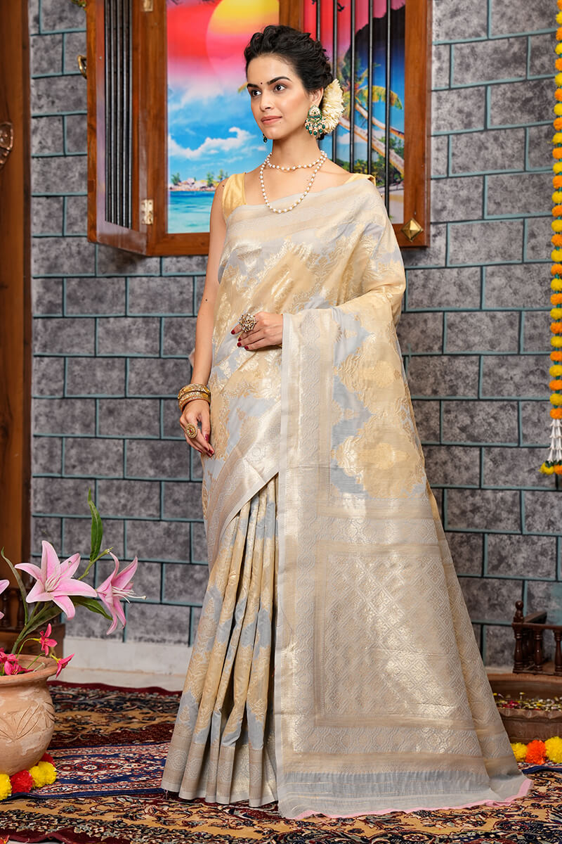 Extraordinary Silver Linen Cotton Silk Saree With Lovely Blouse Piece