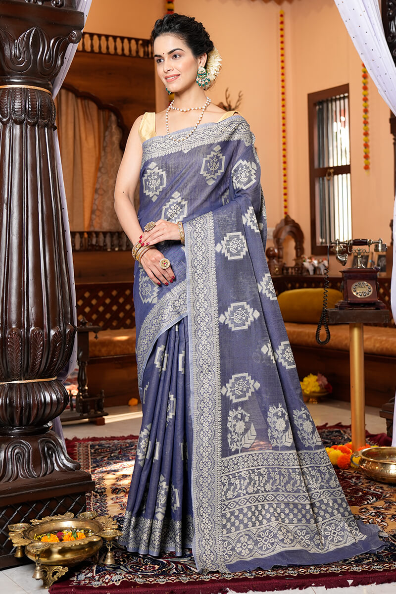 Wonderful Grey Linen Silk Saree With Gorgeous Blouse Piece