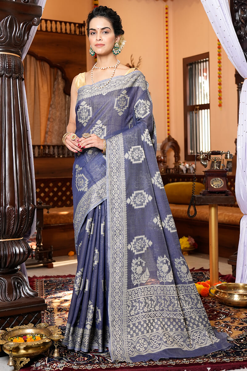 Wonderful Grey Linen Silk Saree With Gorgeous Blouse Piece