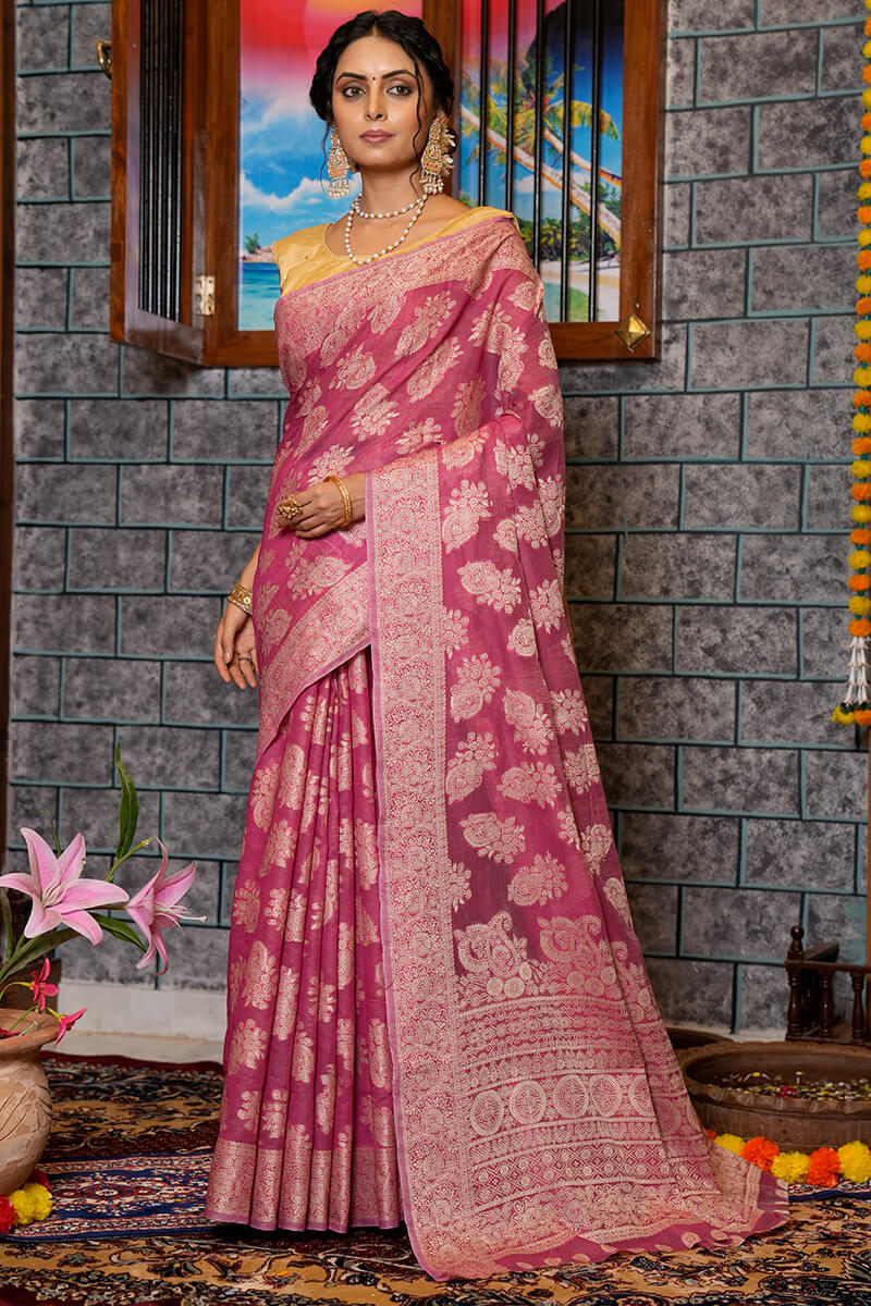 Skinny Dark Pink Linen Silk Saree With Capricious Blouse Piece