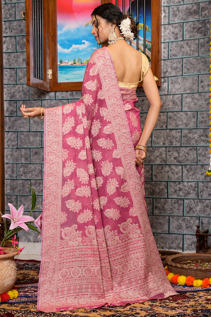 Skinny Dark Pink Linen Silk Saree With Capricious Blouse Piece