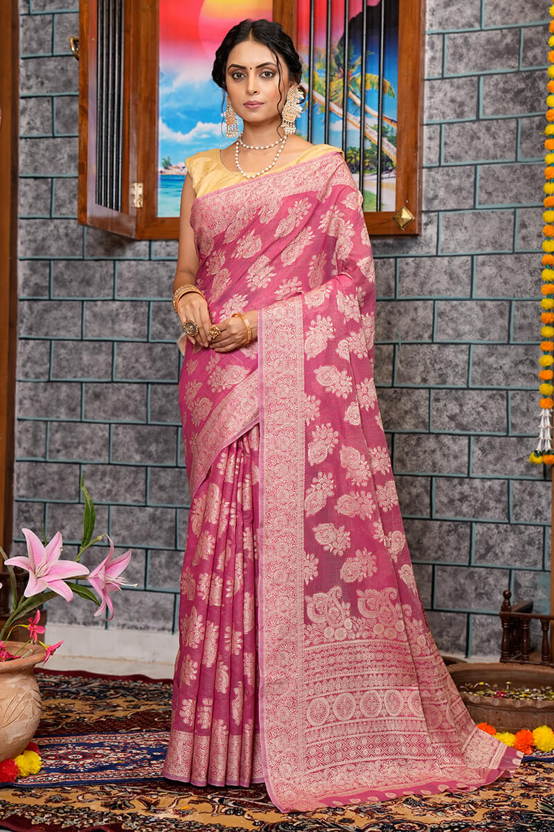 Skinny Dark Pink Linen Silk Saree With Capricious Blouse Piece