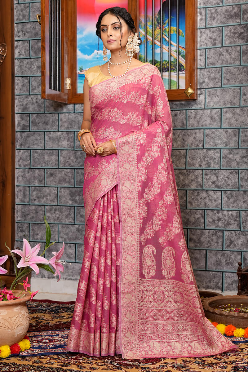 Dazzling Dark Pink Linen Silk Saree With Phenomenal Blouse Piece