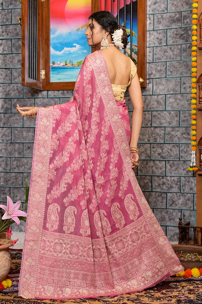 Dazzling Dark Pink Linen Silk Saree With Phenomenal Blouse Piece