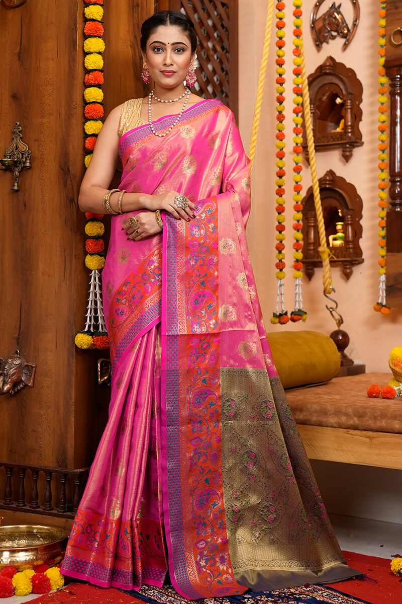 Invaluable Pink Soft Banarasi Silk Saree With Lagniappe Blouse Piece