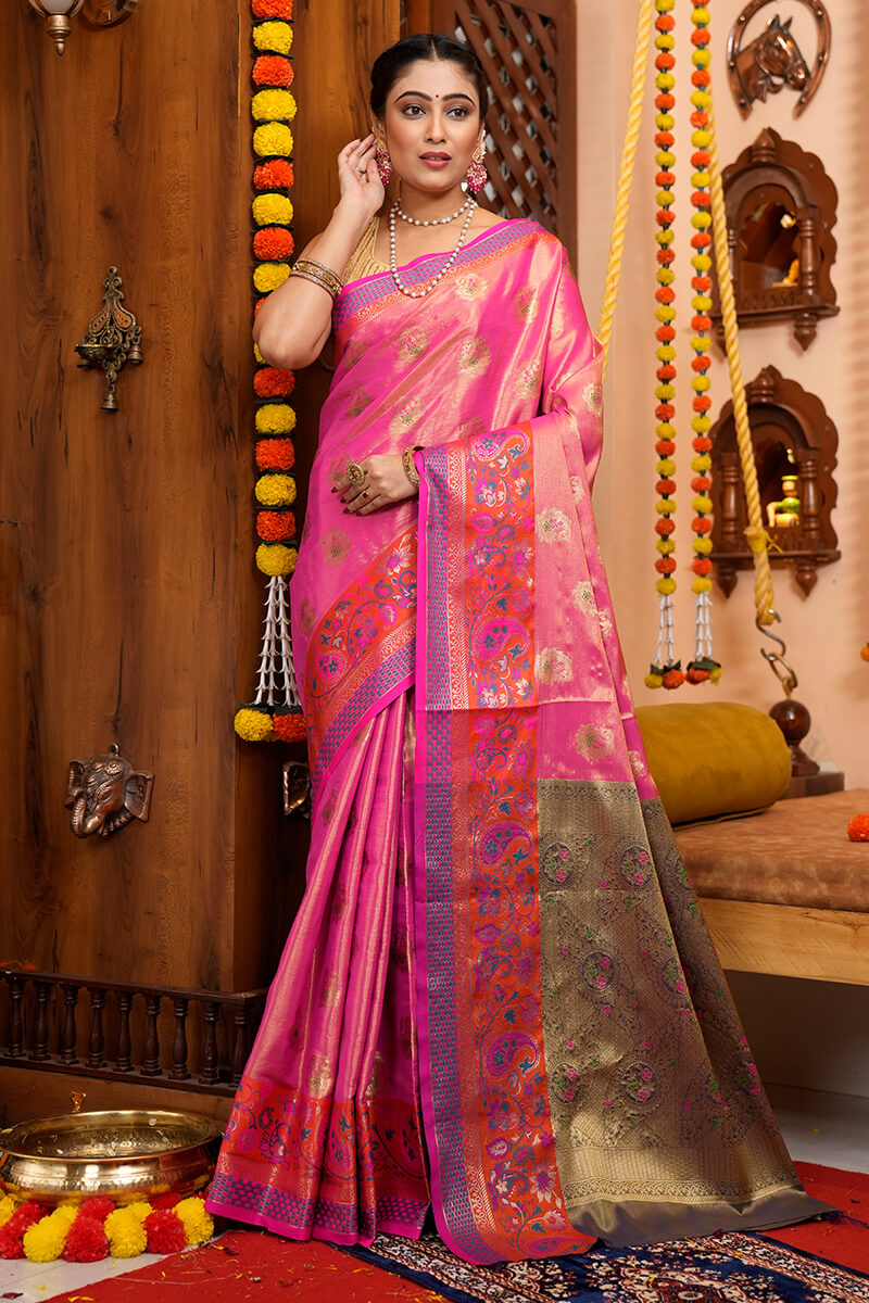Invaluable Pink Soft Banarasi Silk Saree With Lagniappe Blouse Piece