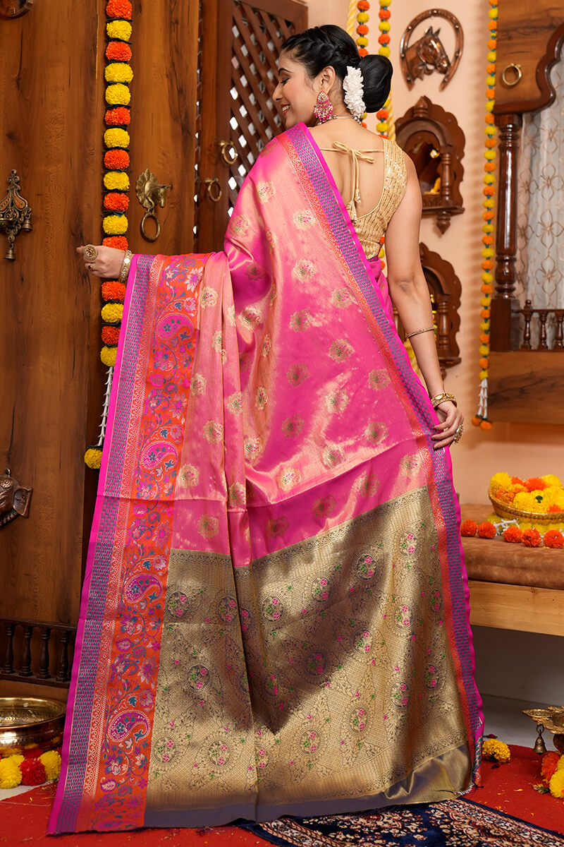 Invaluable Pink Soft Banarasi Silk Saree With Lagniappe Blouse Piece