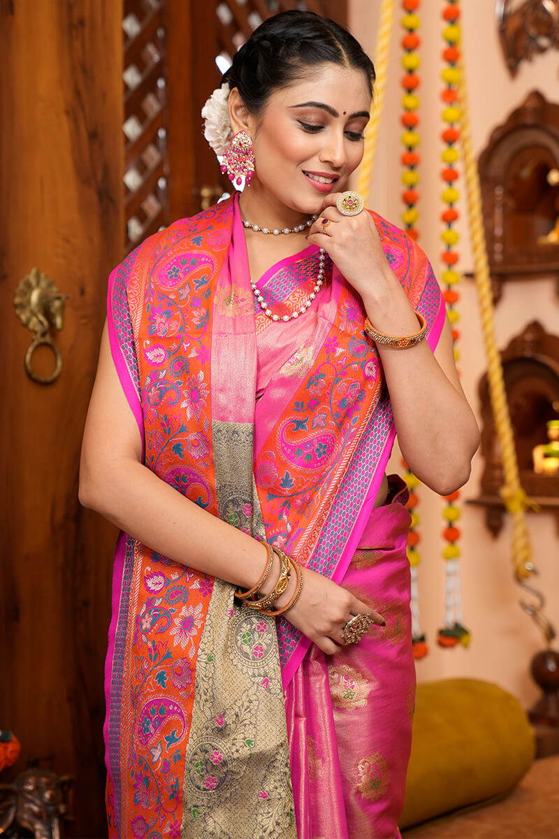 Invaluable Pink Soft Banarasi Silk Saree With Lagniappe Blouse Piece
