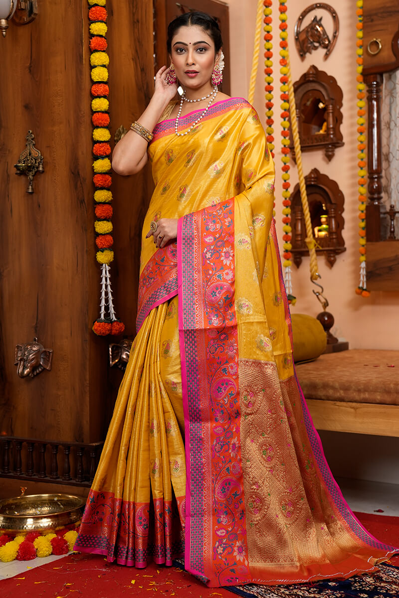 Charming Yellow Soft Banarasi Silk Saree With Deserving Blouse Piece