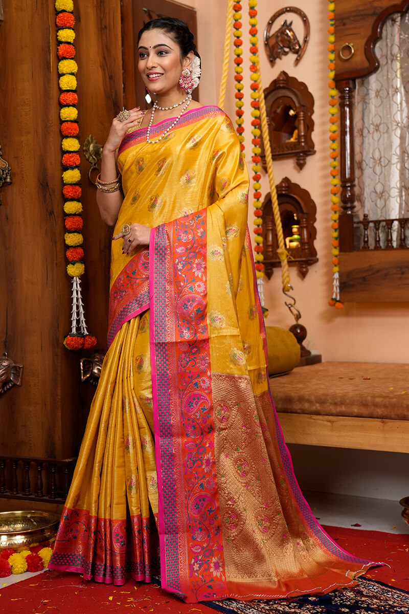 Charming Yellow Soft Banarasi Silk Saree With Deserving Blouse Piece