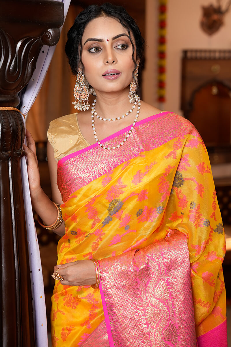 Prominent Yellow Organza Silk Saree With Snappy Blouse Piece
