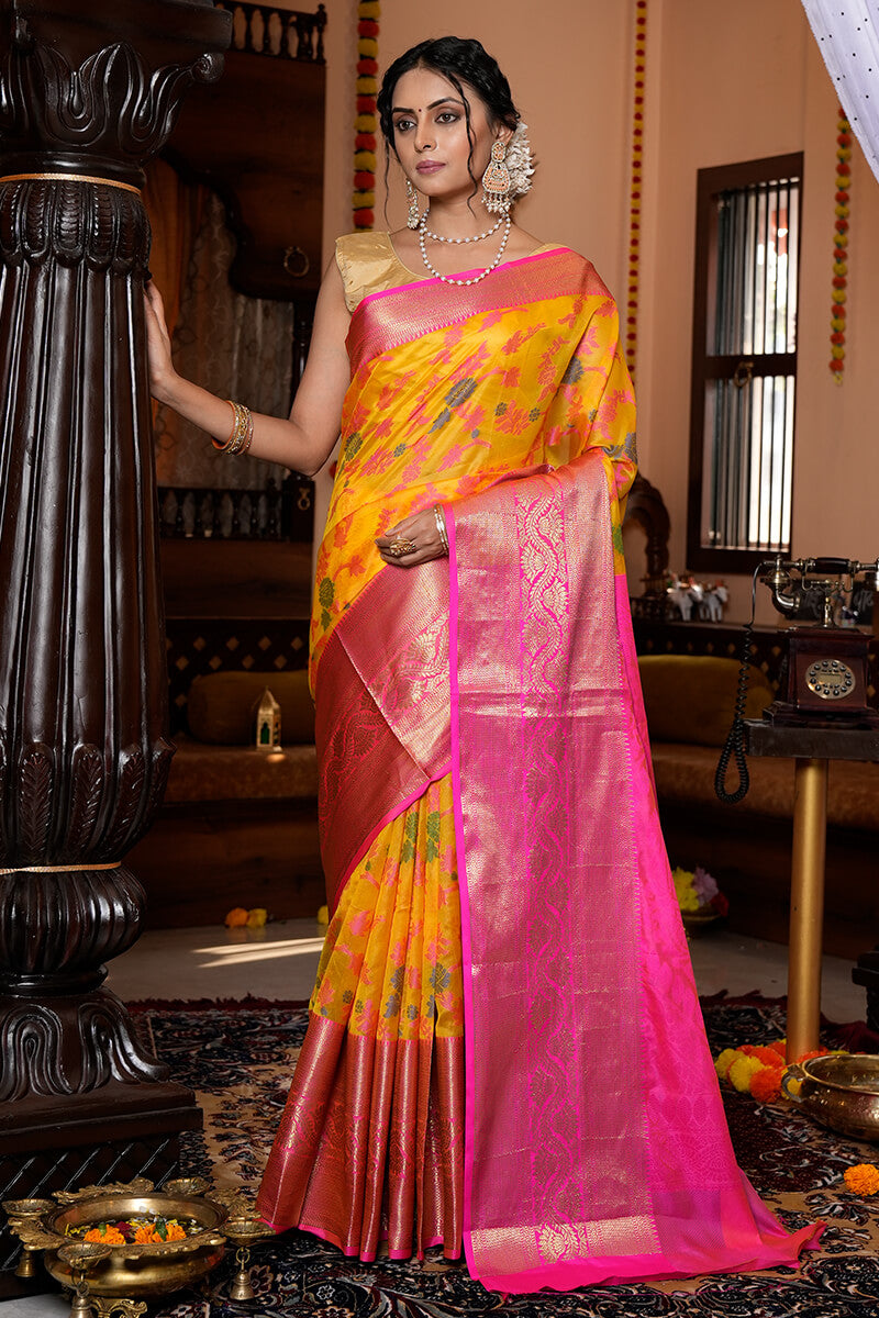 Prominent Yellow Organza Silk Saree With Snappy Blouse Piece