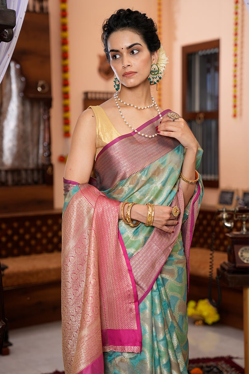 Majesty Firozi Organza Silk Saree With Palimpsest Blouse Piece