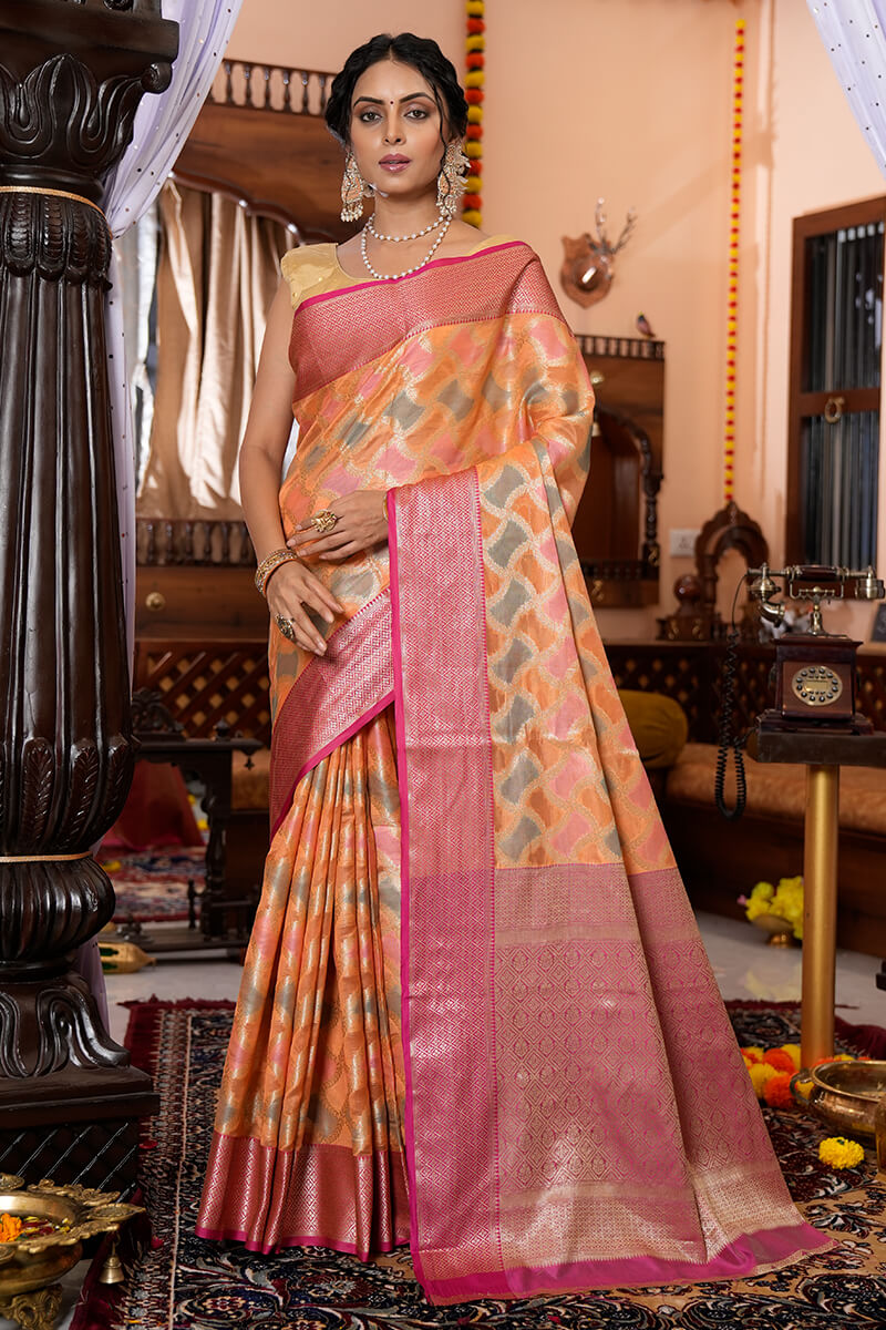 Flamboyant Orange Organza Silk Saree With Magnetic Blouse Piece