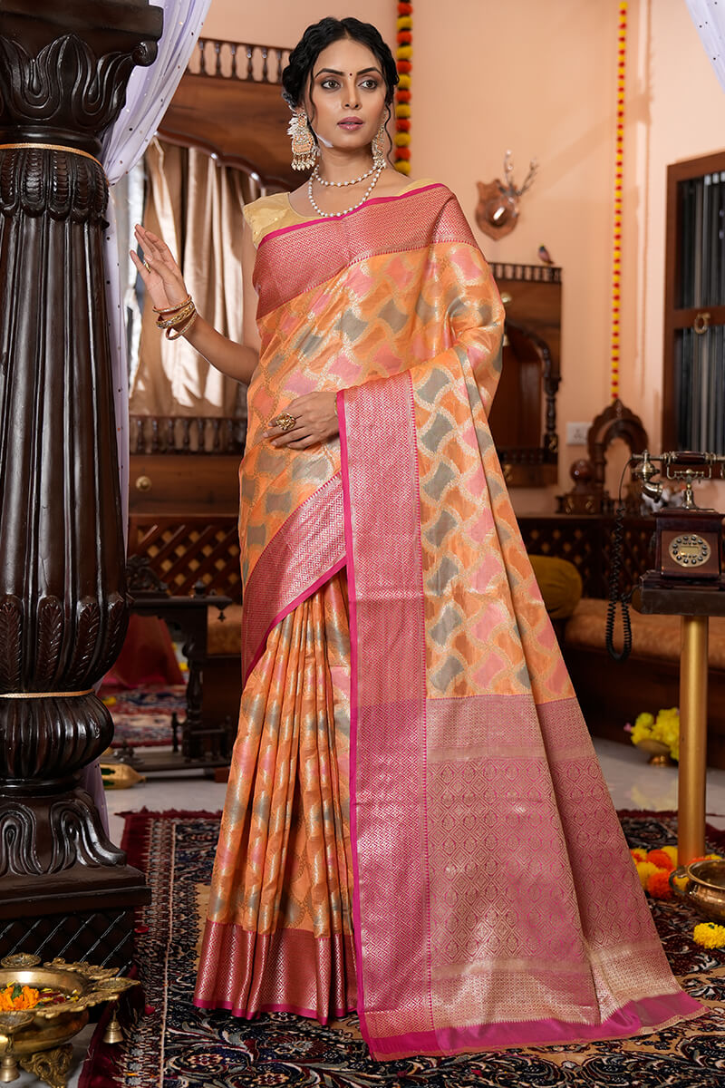 Flamboyant Orange Organza Silk Saree With Magnetic Blouse Piece