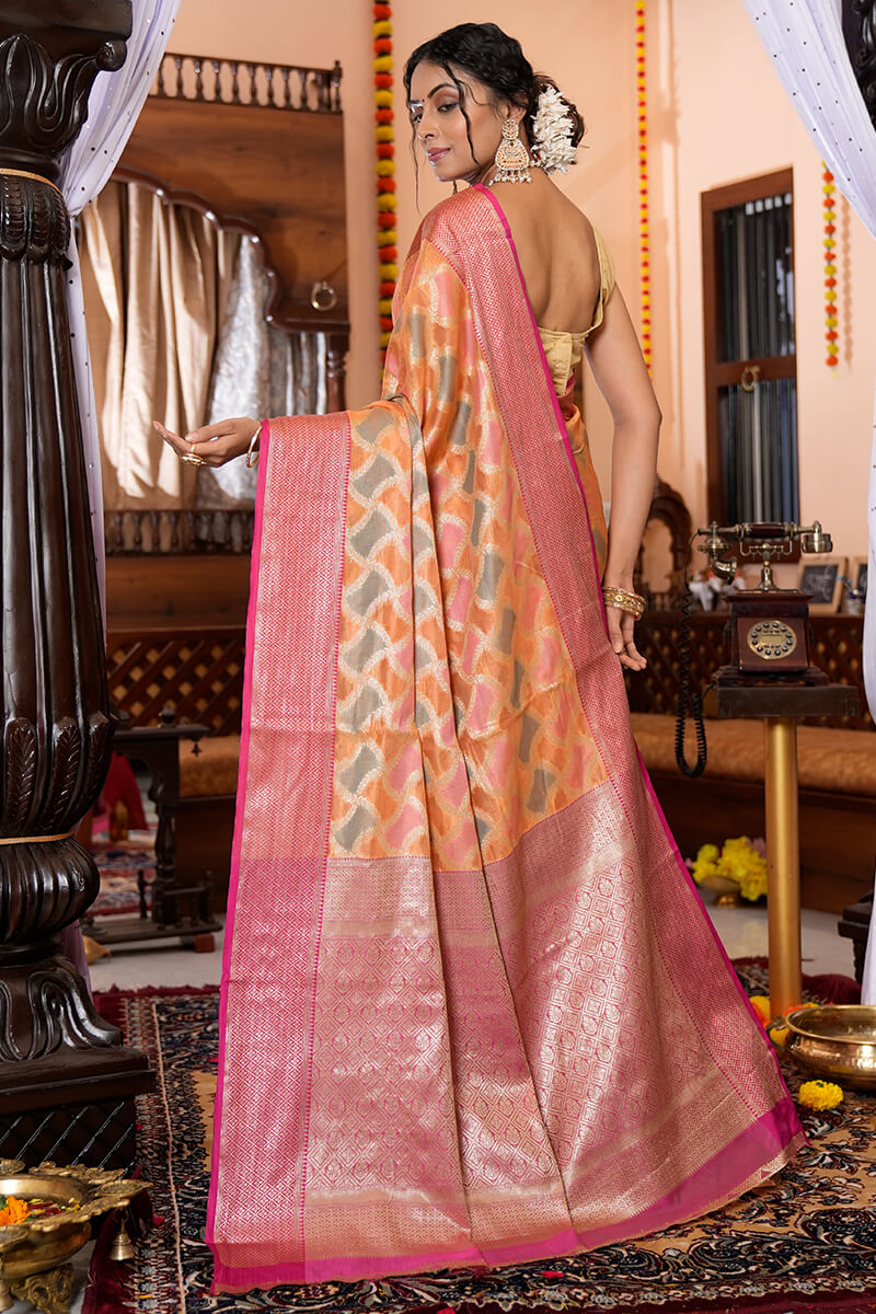 Flamboyant Orange Organza Silk Saree With Magnetic Blouse Piece