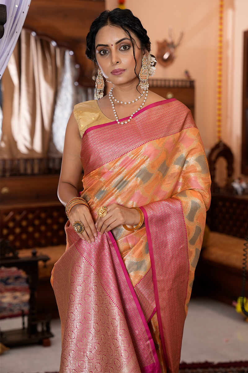 Flamboyant Orange Organza Silk Saree With Magnetic Blouse Piece