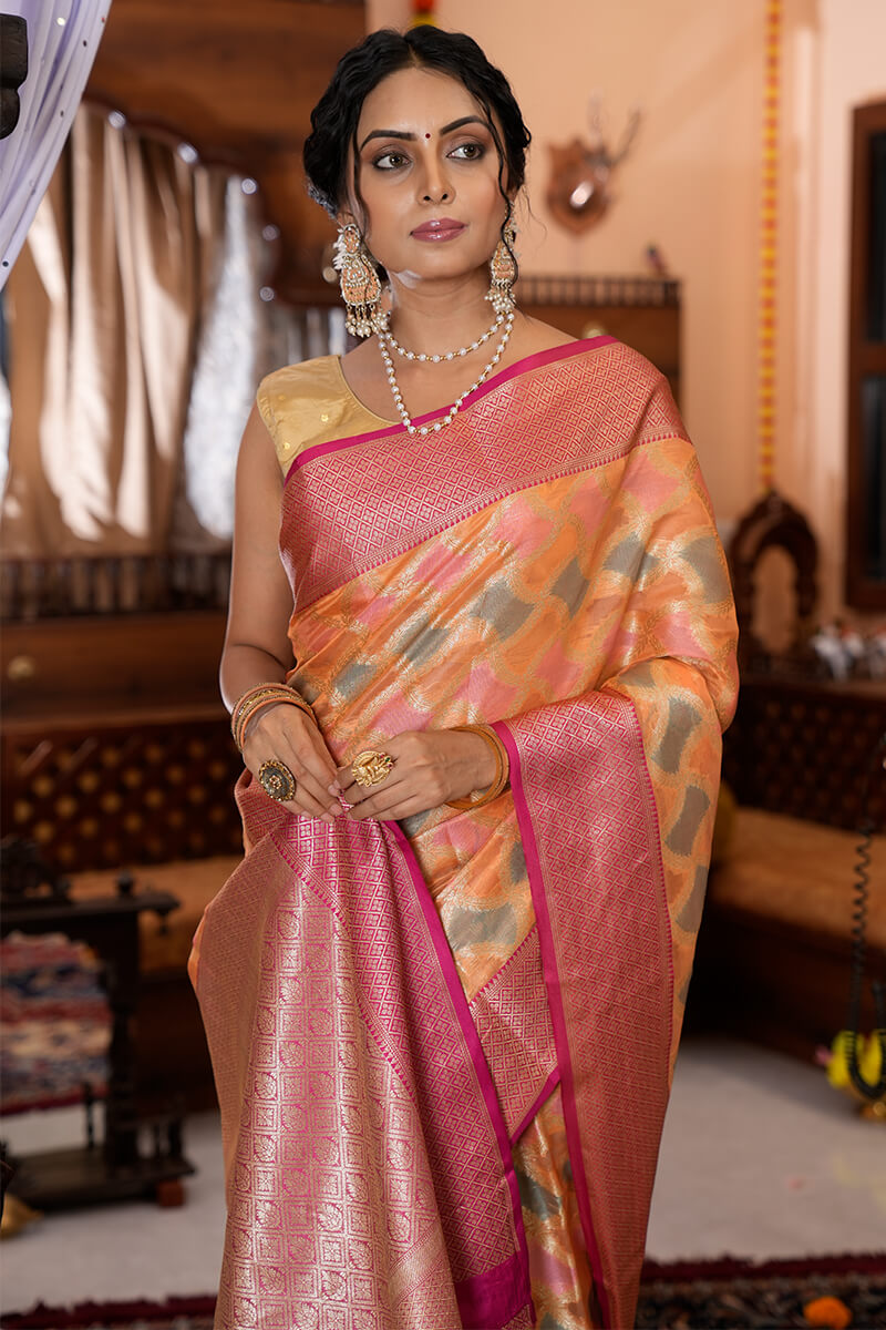 Flamboyant Orange Organza Silk Saree With Magnetic Blouse Piece
